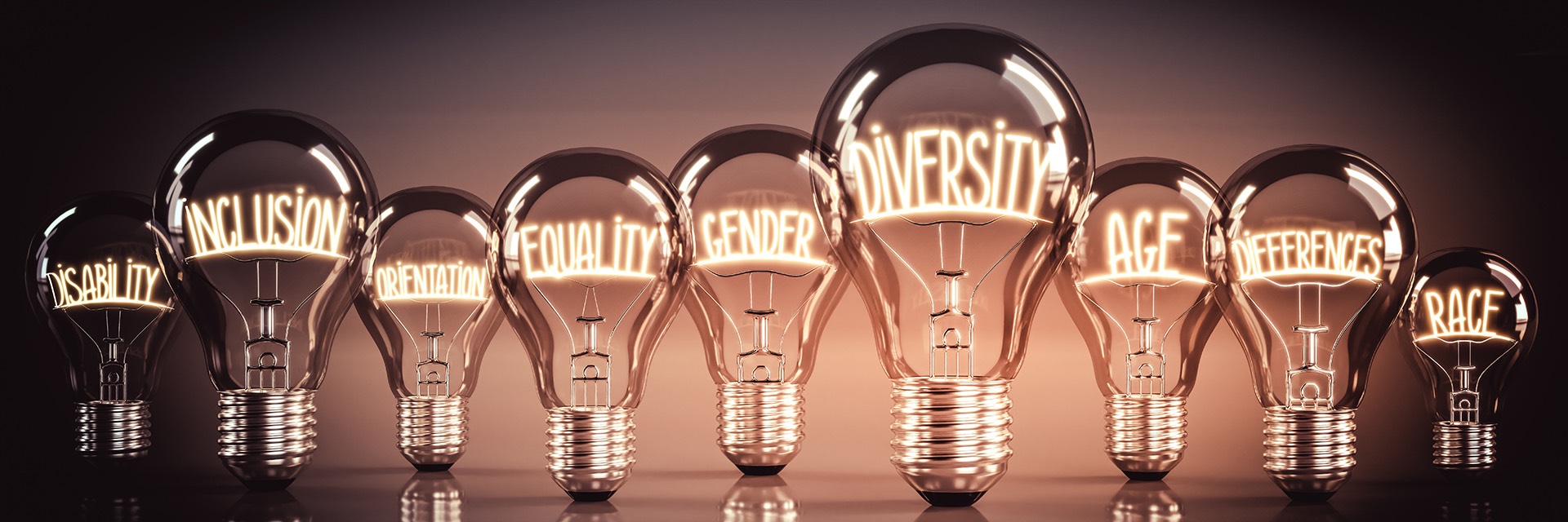 disability, inclusion, orientation, equality,diversity, age differences, race in a row of lightbulbs